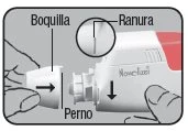 Diagramma medico che mostra l'assemblaggio di un dispositivo con boquilla, perno e ranura indicati da frecce e linee di riferimento