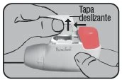 Due mani manovrano un dispositivo medico bianco con una parte rossa mentre una freccia indica il movimento verso l'alto di una tapa deslizante