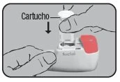 Due mani inseriscono un cartucce cilindrica trasparente all'interno della parte superiore di un dispositivo medico bianco con un pulsante rosso
