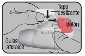 Diagramma medico che mostra mani che impugnano un dispositivo con etichette per coperchio scorrevole, pulsante e guide laterali