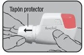 Due mani tengono un inalatore bianco con parte rossa e una freccia nera indica la rimozione del tappo protettivo superiore