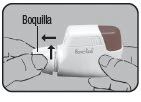 Due mani tengono un dispositivo medico bianco e marrone mentre una freccia nera indica l'inserimento della boquilla sulla parte anteriore