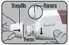 Diagramma tecnico che mostra l'assemblaggio di un dispositivo medico con indicazioni su boquilla, perno e ranura tramite frecce direzionali