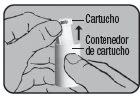 Due mani che inseriscono una cartuccia in un contenitore cilindrico con freccia rivolta verso l'alto e scritte in spagnolo