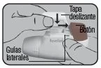 Mani che maneggiano un dispositivo medico con scritte in spagnolo indicanti tapa deslizante, botón e guías laterales per l'uso del farmaco
