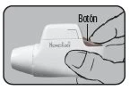 Una mano tiene un dispositivo medico bianco e preme un pulsante marrone indicato dalla scritta Botón