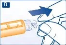 Una mano tiene una siringa arancione e la spinge verso destra seguendo la direzione indicata da una freccia blu sopra di essa