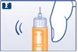 Illustrazione medica di una siringa con liquido arancione e ago rivolto verso l'alto accanto a una mano stilizzata su sfondo azzurro chiaro
