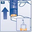 Illustrazione medica che mostra una freccia blu rivolta verso l'alto accanto a un dispositivo di iniezione blu e un dettaglio dell'ago con una goccia