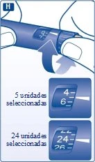 Illustrazione di una penna per iniezione con mani che ruotano la ghiera e due riquadri che mostrano la selezione di 5 e 24 unità
