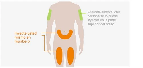 Diagramma del corpo umano con aree arancioni sulle cosce e sulla parte superiore delle braccia per indicare i siti di iniezione del farmaco