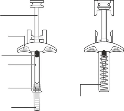 Diagramma tecnico di un dispositivo medico con componenti interne e una molla a spirale evidenziata da linee di riferimento su sfondo bianco