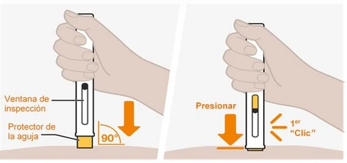 Due illustrazioni mostrano mani che impugnano un autoiniettore per l'iniezione sottocutanea con frecce che indicano la pressione verso il basso