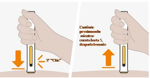 Due illustrazioni mostrano mani che impugnano una penna iniettiva, con frecce arancioni che indicano il movimento verso il basso e verso l'alto