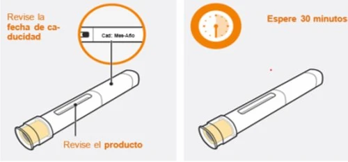 Diagramma medico con due penne iniettrici, un ingrandimento della data di scadenza e un'icona a forma di orologio con la scritta di attesa di 30 minuti