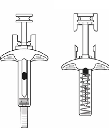 Black and white technical diagram showing a cross-section of a syringe with plunger and another version with an internal spring visible