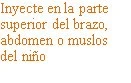 Spanish text on white background indicating to inject into the upper arm, thigh