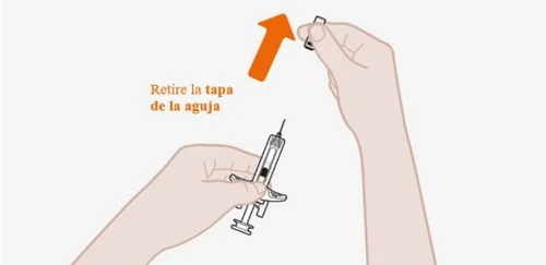 Two hands removing the protective cap from a syringe needle, with an orange arrow pointing towards the