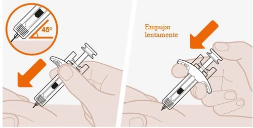 Two illustrations showing how to hold a medical device against the skin at a 45-degree angle and press it slowly downward