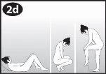 Three stylized figures show different body positions: one lying with bent legs, one squatting, and one sitting with legs extended