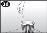 A hand holds a used syringe above a waste bin for disposal in a technical black-and-white drawing with a 3D label
