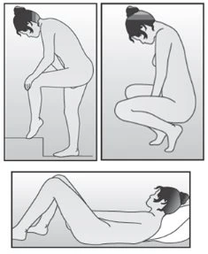 Three black-and-white drawings show a woman in three positions: squatting with one leg on an elevated surface, squatting on the ground, and lying down with knees bent