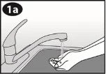Black-and-white drawing of a person washing hands under a stream of water