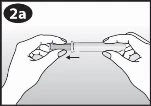 Two hands hold a syringe horizontally while a black arrow indicates a leftward pulling motion to withdraw the plunger