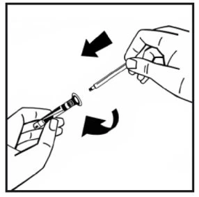 Two hands turning in opposite directions to screw or unscrew a thin needle from the body of a medical syringe, with black directional arrows