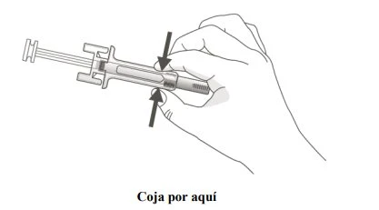 A hand holding a syringe with two black arrows indicating to press with fingers on the body of the device to push the piston