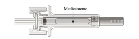 Technical diagram of a medical device with a transparent container holding the medication indicated by a labeled line 'Medication'