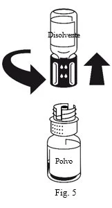 Diagram showing pouring the contents of a solvent ampoule into a vial of powder, indicated by black arrows