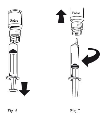 Medical diagram showing the downward movement of a syringe to connect with a powder vial, followed by rotation