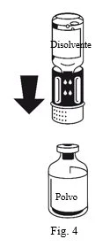 Diagram showing the pouring of solvent from a vial into a vial containing medical powder