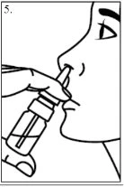 Black and white drawing showing a hand holding a dropper bottle to administer liquid into a person's nose