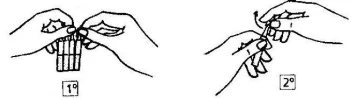Two-step schematic drawing showing hands opening a container with fingers and then grasping a syringe with a directional arrow