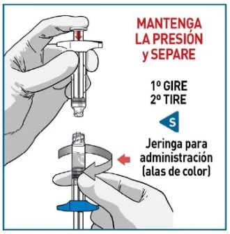 Mani che tengono una siringa per separare le parti ruotandole e tirando verso l'alto con istruzioni testuali in spagnolo su sfondo bianco