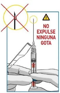 Diagramma medico che mostra una siringa con liquido rosso e l'avvertenza di non espellere alcuna goccia, con un simbolo di divieto su un ago