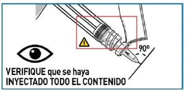 Disegno tecnico di una siringa inclinata a 90 gradi con un simbolo di avviso giallo e la scritta in spagnolo per verificare l'iniezione totale