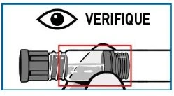 Icona di un occhio accanto alla parola VERIFIQUE sopra un disegno tecnico di un flacone medico con una sezione centrale evidenziata da un riquadro rosso