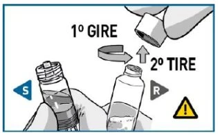 Diagramma che mostra come ruotare il tappo di un flacone e poi tirarlo verso l'alto per aprirlo con le scritte 1° GIRE e 2° TIRE