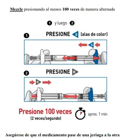 Diagramma medico con due passaggi per mescolare il farmaco tra due siringe premendo alternatamente 100 volte per circa un minuto