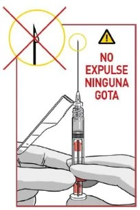 Diagramma medico che mostra una siringa con ago e la scritta NO EXPULSE NINGUNA GOTA, con un simbolo di divieto su una goccia di liquido