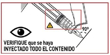 Disegno tecnico di una siringa tenuta a 90 gradi con un simbolo di avvertimento giallo e la scritta in spagnolo per verificare l'iniezione completa