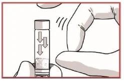 Una mano tiene verticalmente una fiala di vetro con frecce rivolte verso il basso che indicano il movimento del contenuto verso il fondo