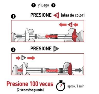 Diagramma con due passaggi per l'uso di una siringa: premere verso sinistra e poi verso destra per 100 volte in circa un minuto