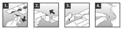 Four illustrated steps showing how to open a package, remove the seal, take off the cap, and prepare the medical device