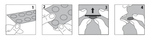 Sequenza in quattro passaggi che mostra come sollevare una compressa da un blister, estrarla con le dita e inserirla in bocca per deglutirla