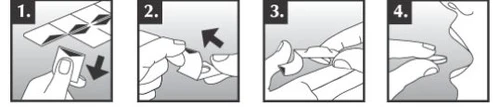 Quattro illustrazioni sequenziali mostrano come aprire una confezione di pillole strappando il bordo superiore e separando le singole dosi