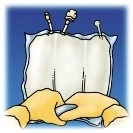 Two gloved hands holding a transparent medical solution bag with three tubes connected at the top on a blue background